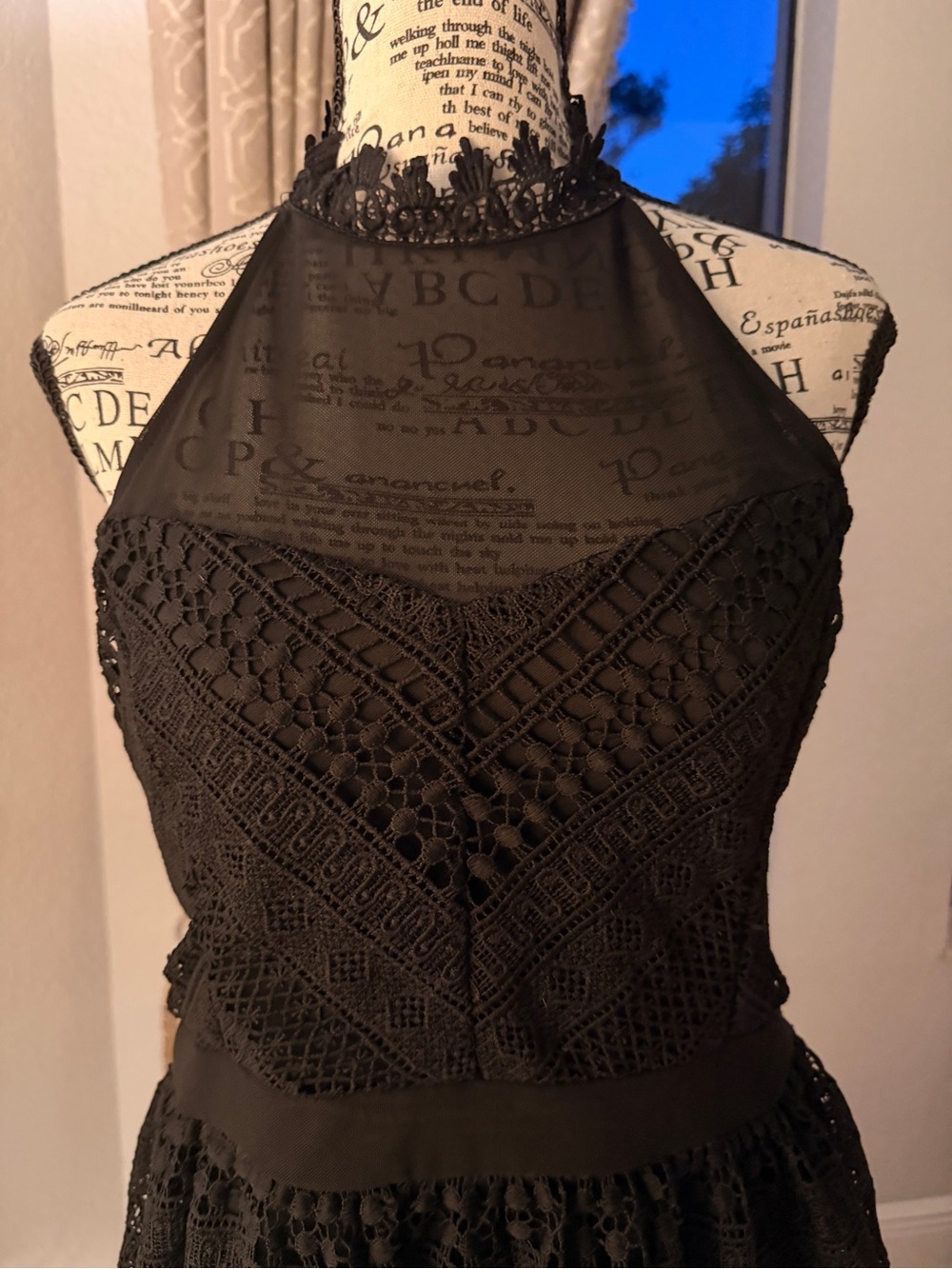 👗 EUC | Sz Large | Black Crochet Lace Halter Mini Dress Fit & Flare